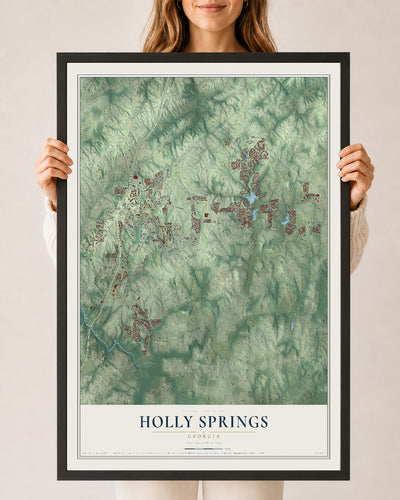 Holly Springs, Georgia map print, 24" x 36" W/ Black Ayous Wood Frame mockup