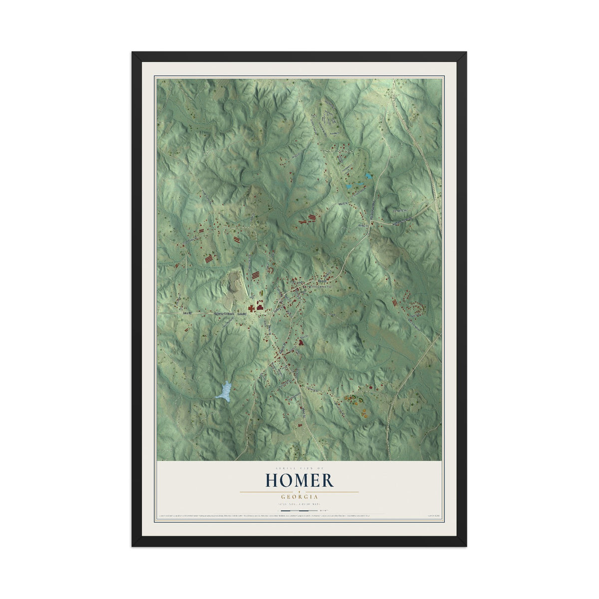 Homer, Georgia map print, 12" x 18" W/ Black Ayous Wood Frame mockup