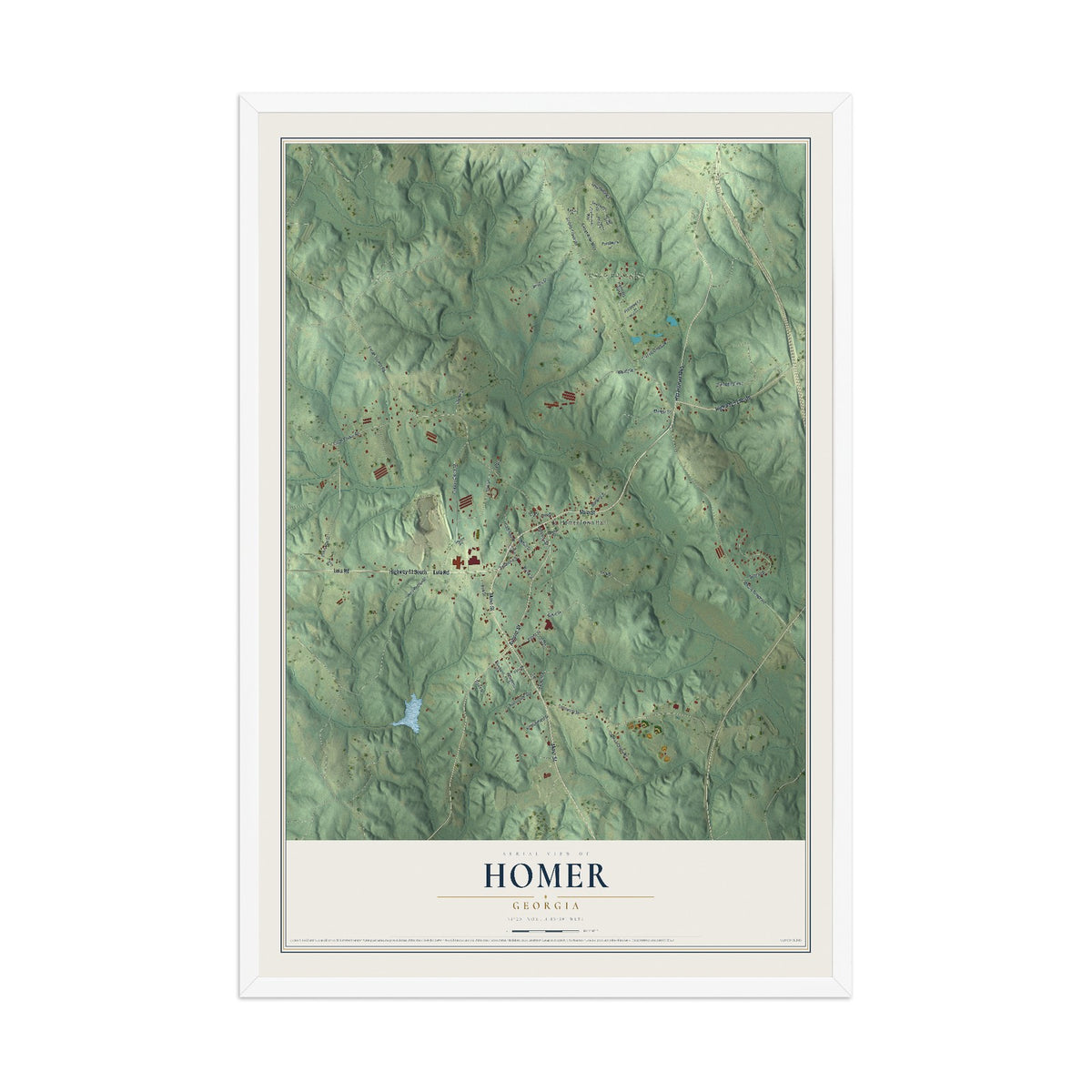 Homer, Georgia map print, 12" x 18" W/ White Ayous Wood Frame mockup