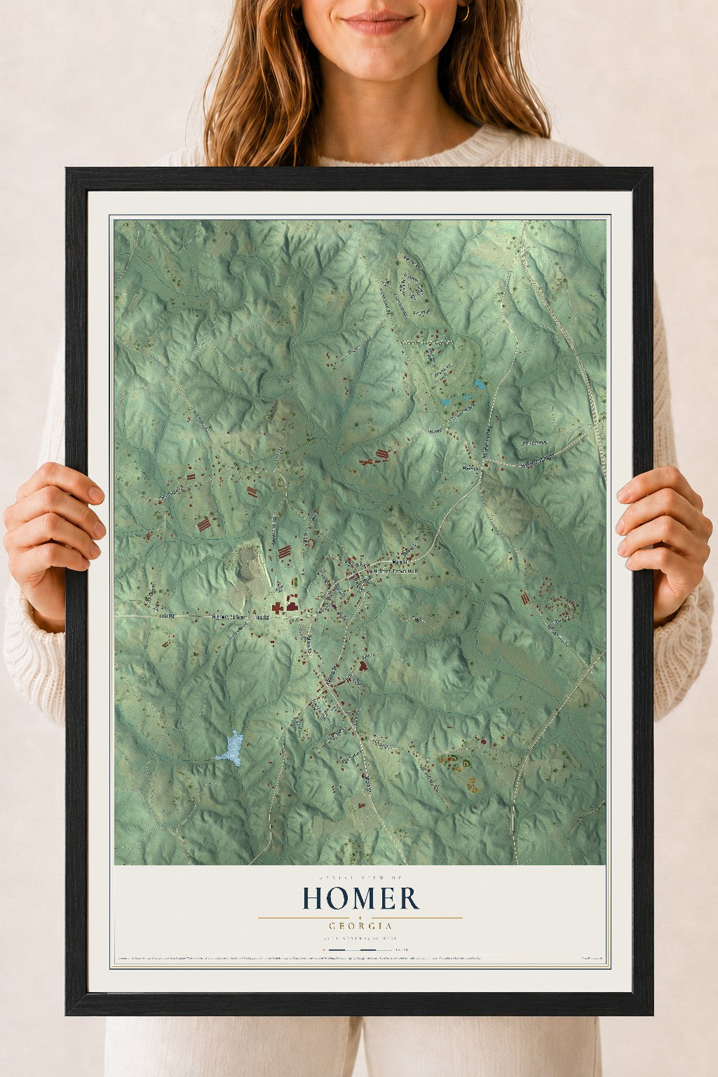 Homer, Georgia map print, 18" x 24" W/ Black Ayous Wood Frame mockup