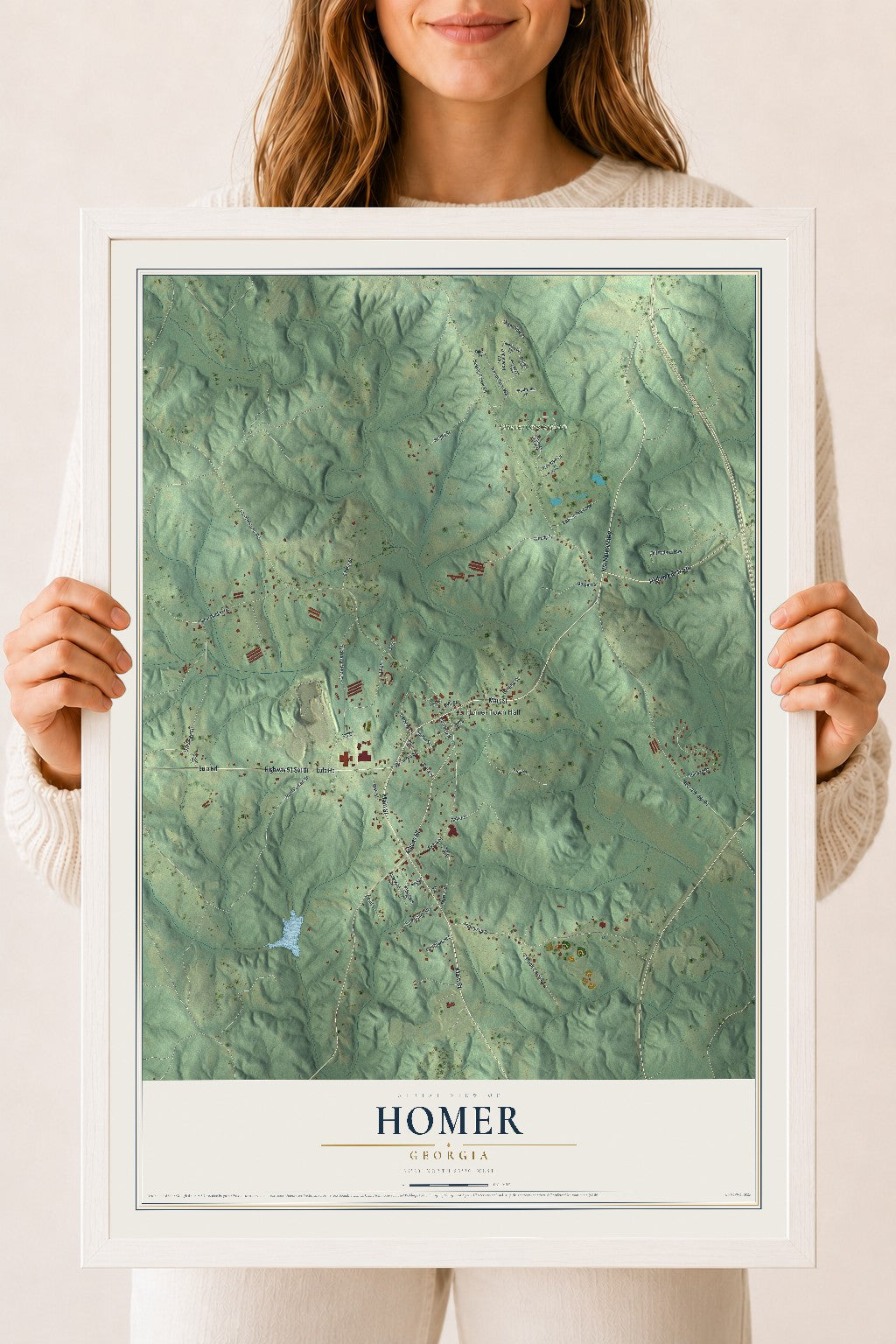 Homer, Georgia map print, 18" x 24" W/ White Ayous Wood Frame mockup
