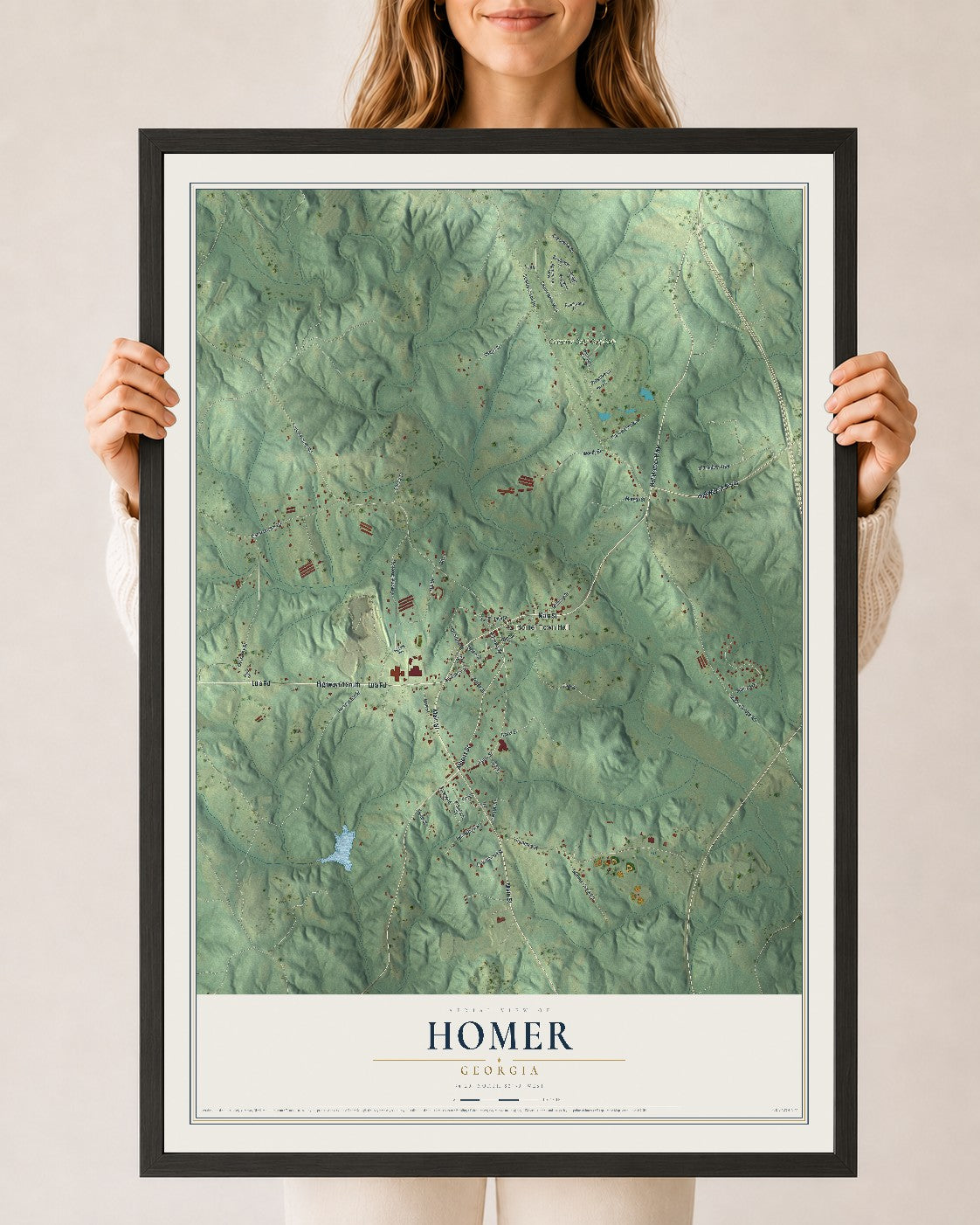 Homer, Georgia map print, 24" x 36" W/ Black Ayous Wood Frame mockup