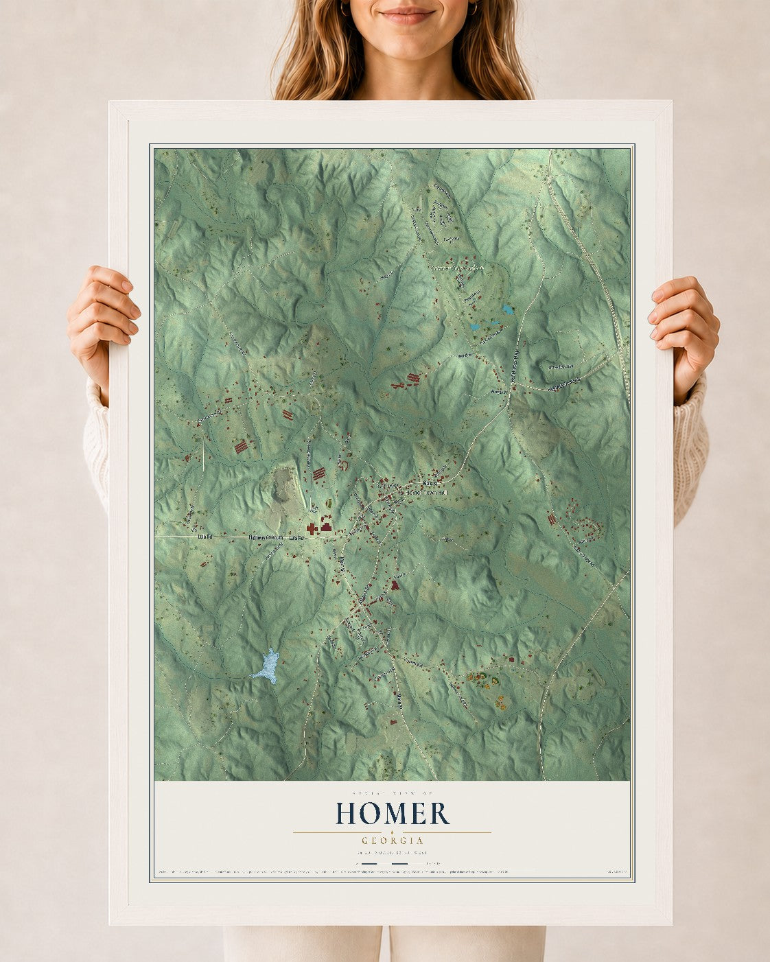 Homer, Georgia map print, 24" x 36" W/ White Ayous Wood Frame mockup
