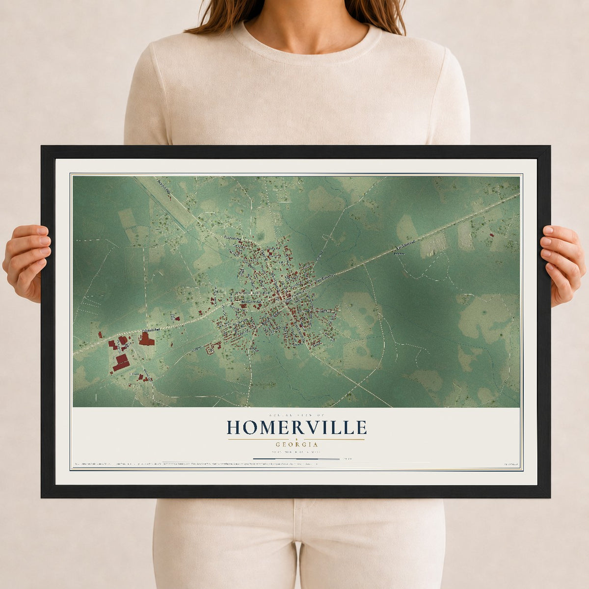 Homerville, Georgia map print, 12" x 18" W/ Black Ayous Wood Frame mockup