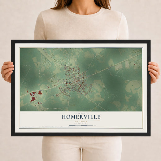 Map of Homerville, Georgia, 12 x 18 inch print in a black wood frame