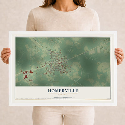 Homerville, Georgia map print, 12" x 18" W/ White Ayous Wood Frame mockup