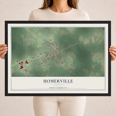 Homerville, Georgia map print, 18" x 24" W/ Black Ayous Wood Frame mockup