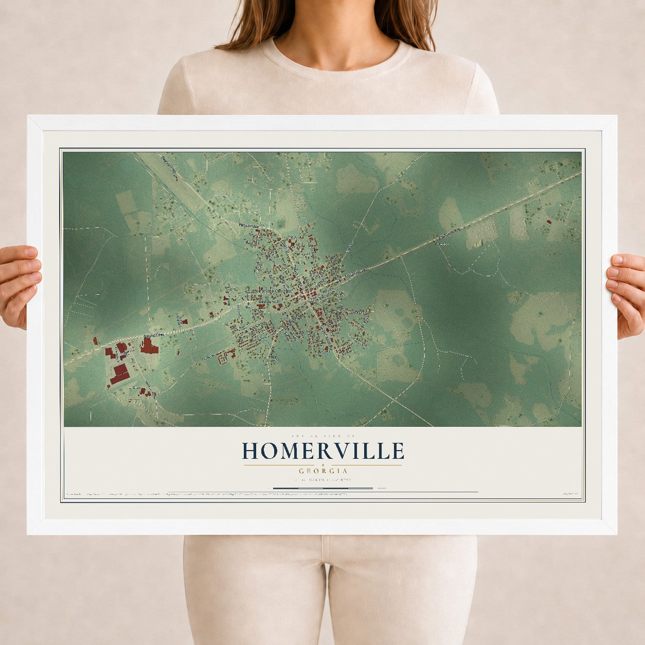 Homerville, Georgia map print, 18" x 24" W/ White Ayous Wood Frame mockup