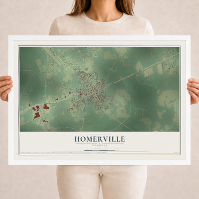 Homerville, Georgia map print, 18" x 24" W/ White Ayous Wood Frame mockup