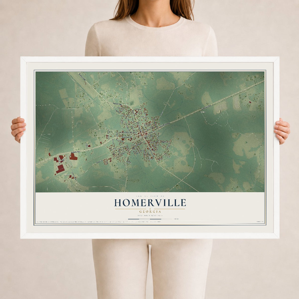 Homerville, Georgia map print, 24" x 36" W/ White Ayous Wood Frame mockup
