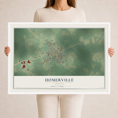 Homerville, Georgia map print, 24" x 36" W/ White Ayous Wood Frame mockup