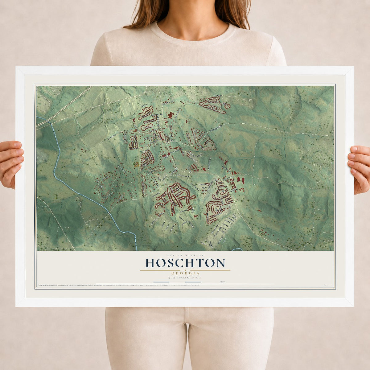 Hoschton, Georgia map print, 18" x 24" W/ White Ayous Wood Frame mockup