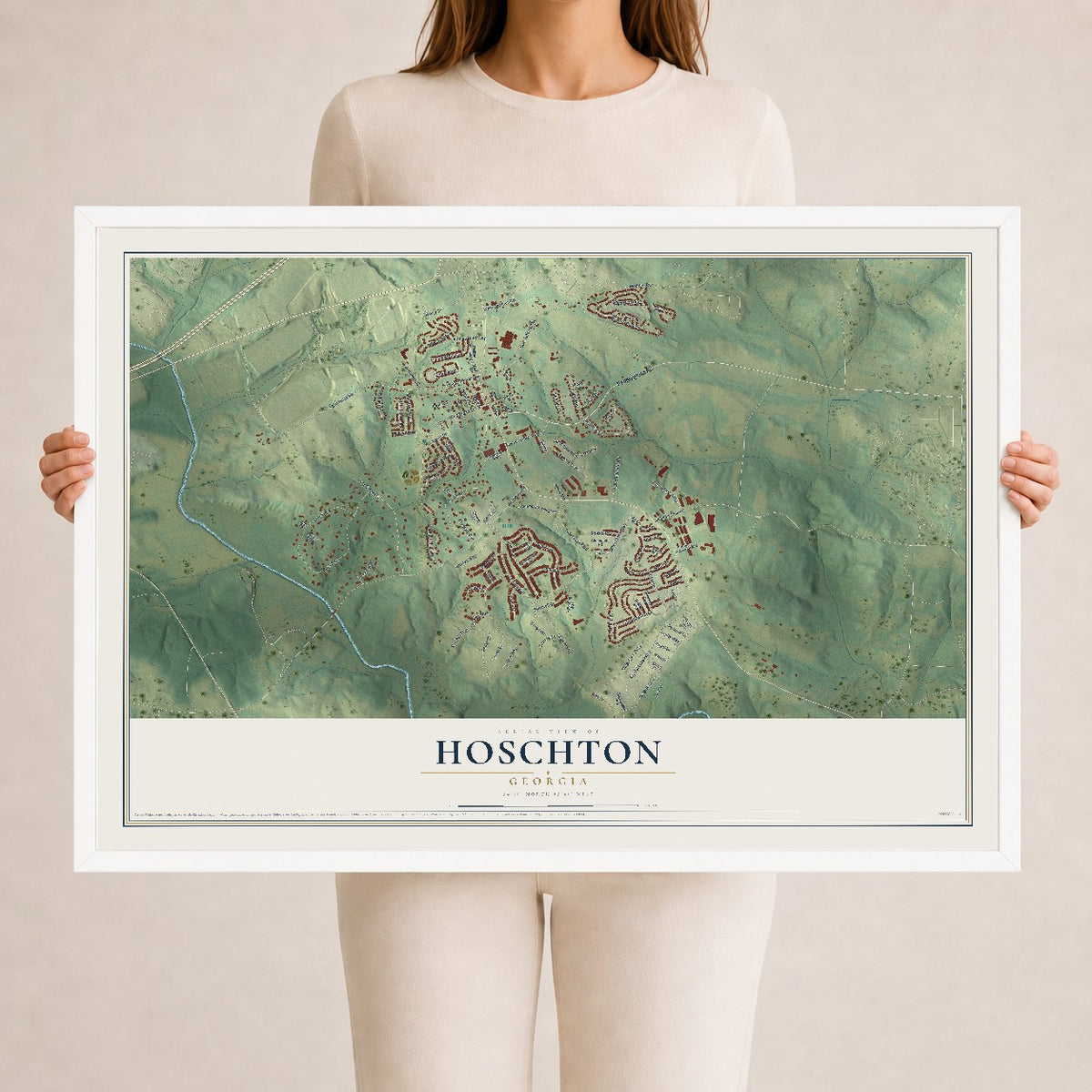 Hoschton, Georgia map print, 24" x 36" W/ White Ayous Wood Frame mockup