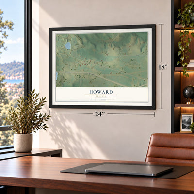 Howard, Georgia map, 18 x 24 inch print in a black frame in a home office