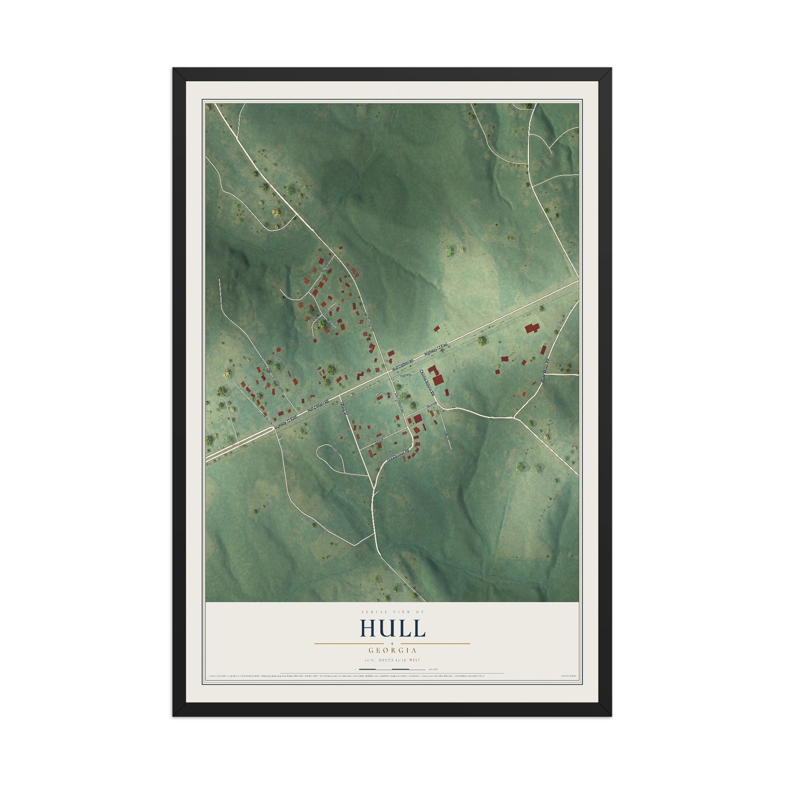 Hull, Georgia map print, 12" x 18" W/ Black Ayous Wood Frame mockup