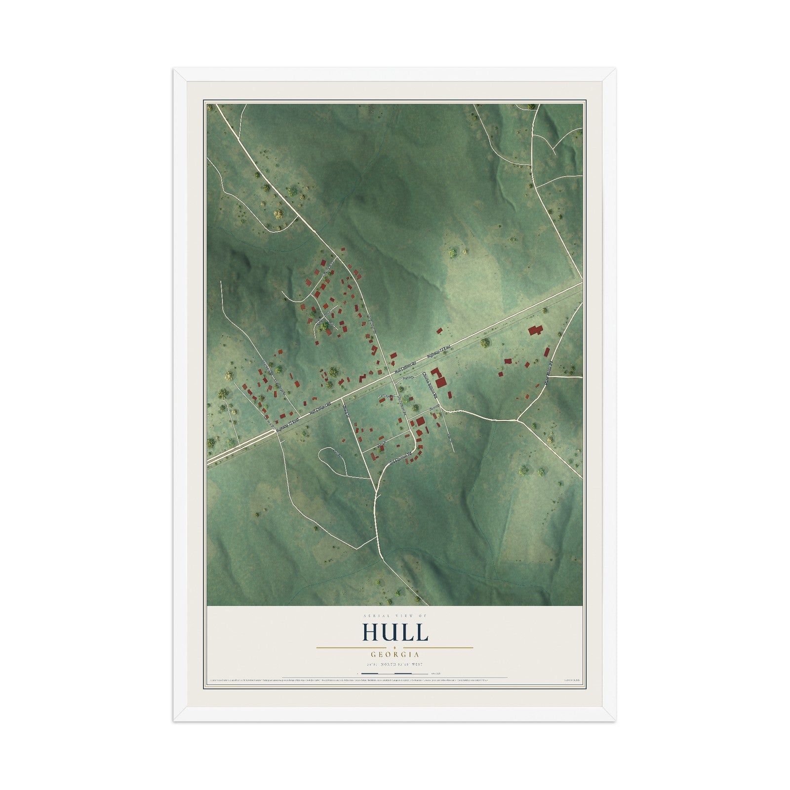 Hull, Georgia map print, 12" x 18" W/ White Ayous Wood Frame mockup