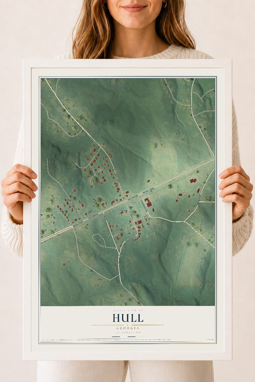 Hull, Georgia map print, 18" x 24" W/ White Ayous Wood Frame mockup