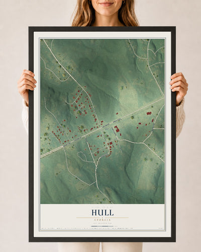 Hull, Georgia map print, 24" x 36" W/ Black Ayous Wood Frame mockup