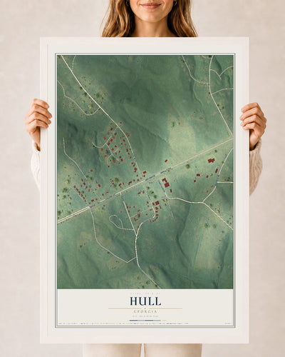 Hull, Georgia map print, 24" x 36" W/ White Ayous Wood Frame mockup