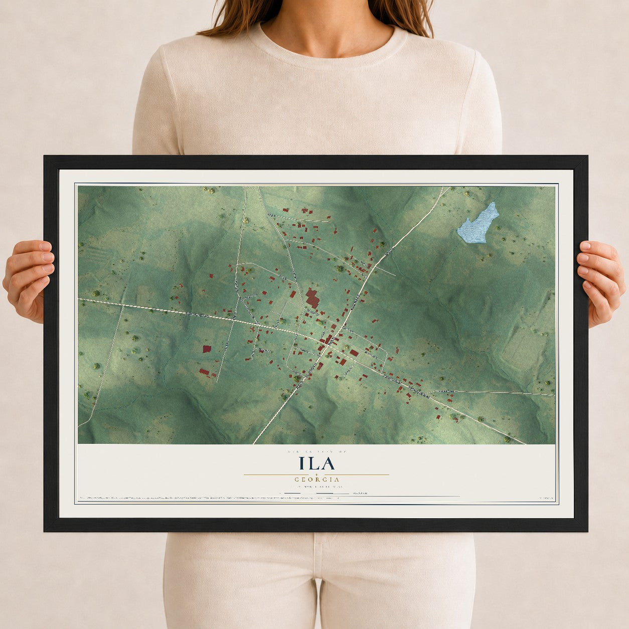 Ila, Georgia map print, 12" x 18" W/ Black Ayous Wood Frame mockup