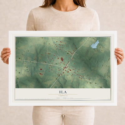 Ila, Georgia map print, 12" x 18" W/ White Ayous Wood Frame mockup