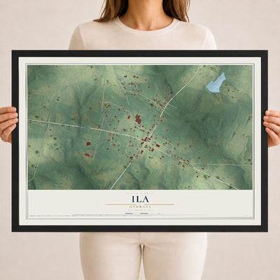 Ila, Georgia map print, 18" x 24" W/ Black Ayous Wood Frame mockup