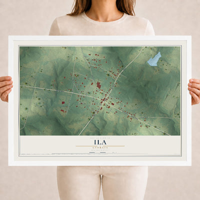 Ila, Georgia map print, 18" x 24" W/ White Ayous Wood Frame mockup