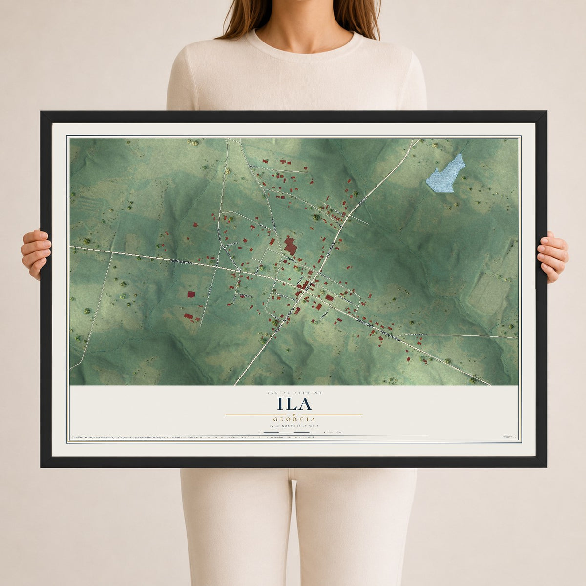 Ila, Georgia map print, 24" x 36" W/ Black Ayous Wood Frame mockup