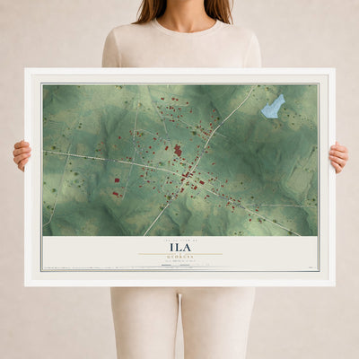 Ila, Georgia map print, 24" x 36" W/ White Ayous Wood Frame mockup