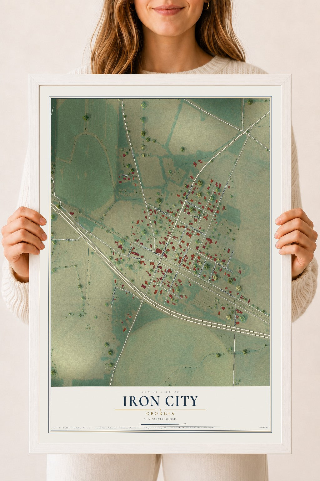 Iron City, Georgia map print, 18" x 24" W/ White Ayous Wood Frame mockup