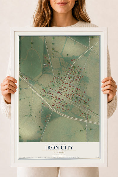 Iron City, Georgia map print, 18" x 24" W/ White Ayous Wood Frame mockup
