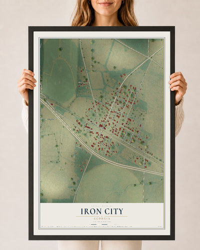 Iron City, Georgia map print, 24" x 36" W/ Black Ayous Wood Frame mockup