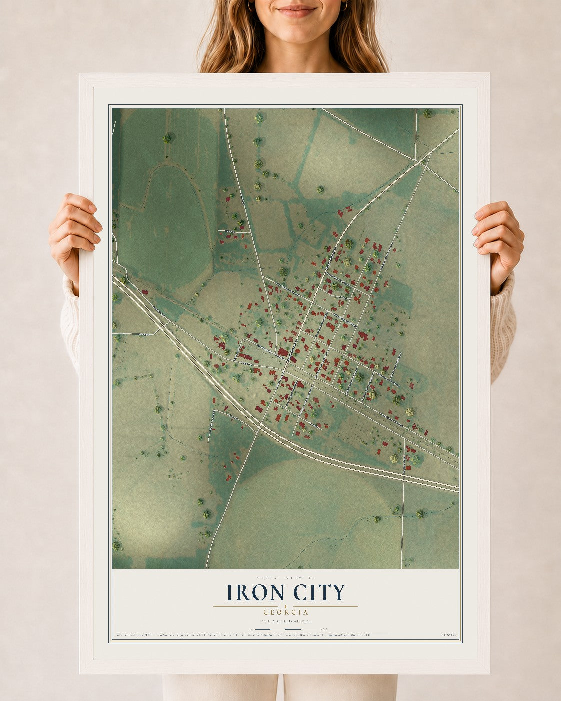 Iron City, Georgia map print, 24" x 36" W/ White Ayous Wood Frame mockup