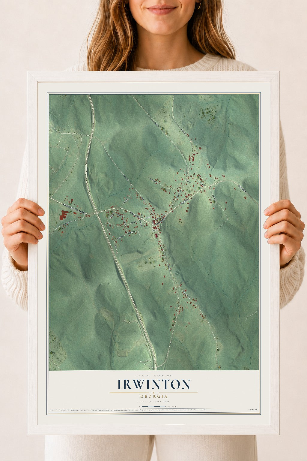 Irwinton, Georgia map print, 18" x 24" W/ White Ayous Wood Frame mockup