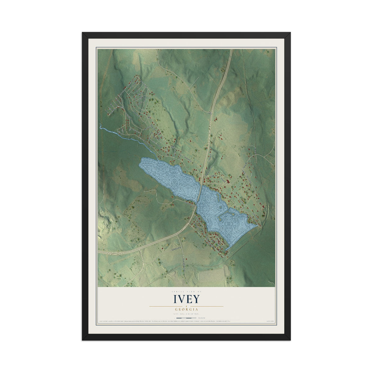 Ivey, Georgia map print, 12" x 18" W/ Black Ayous Wood Frame mockup