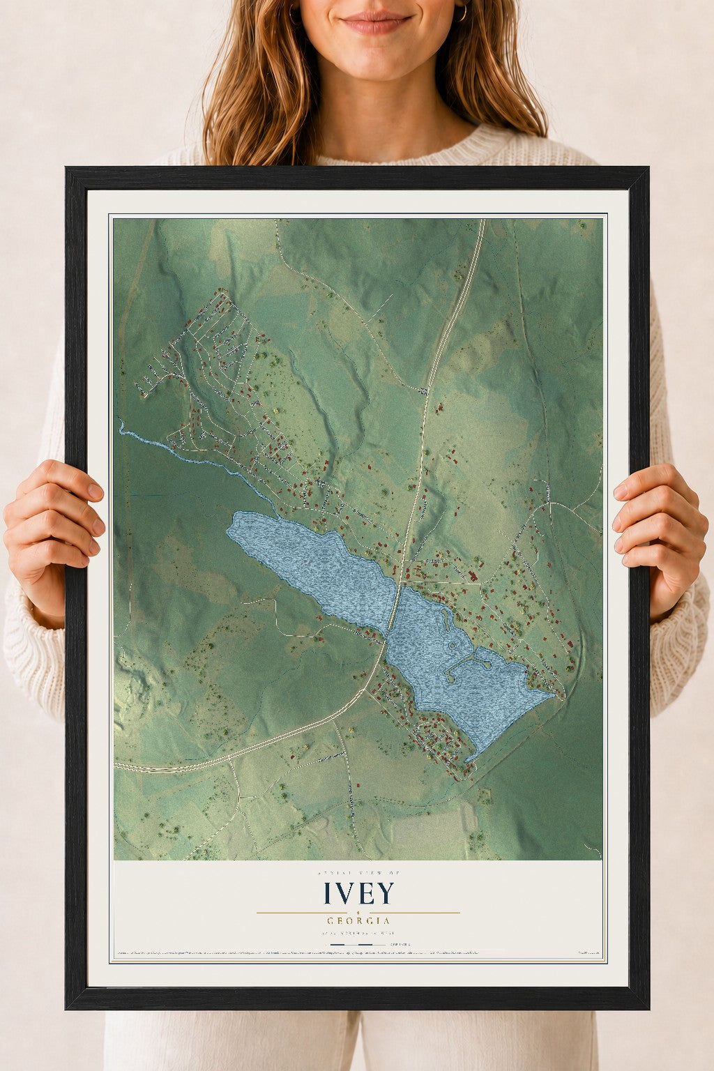 Ivey, Georgia map print, 18" x 24" W/ Black Ayous Wood Frame mockup