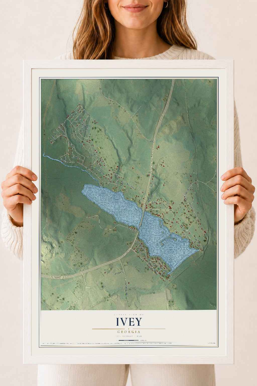 Ivey, Georgia map print, 18" x 24" W/ White Ayous Wood Frame mockup