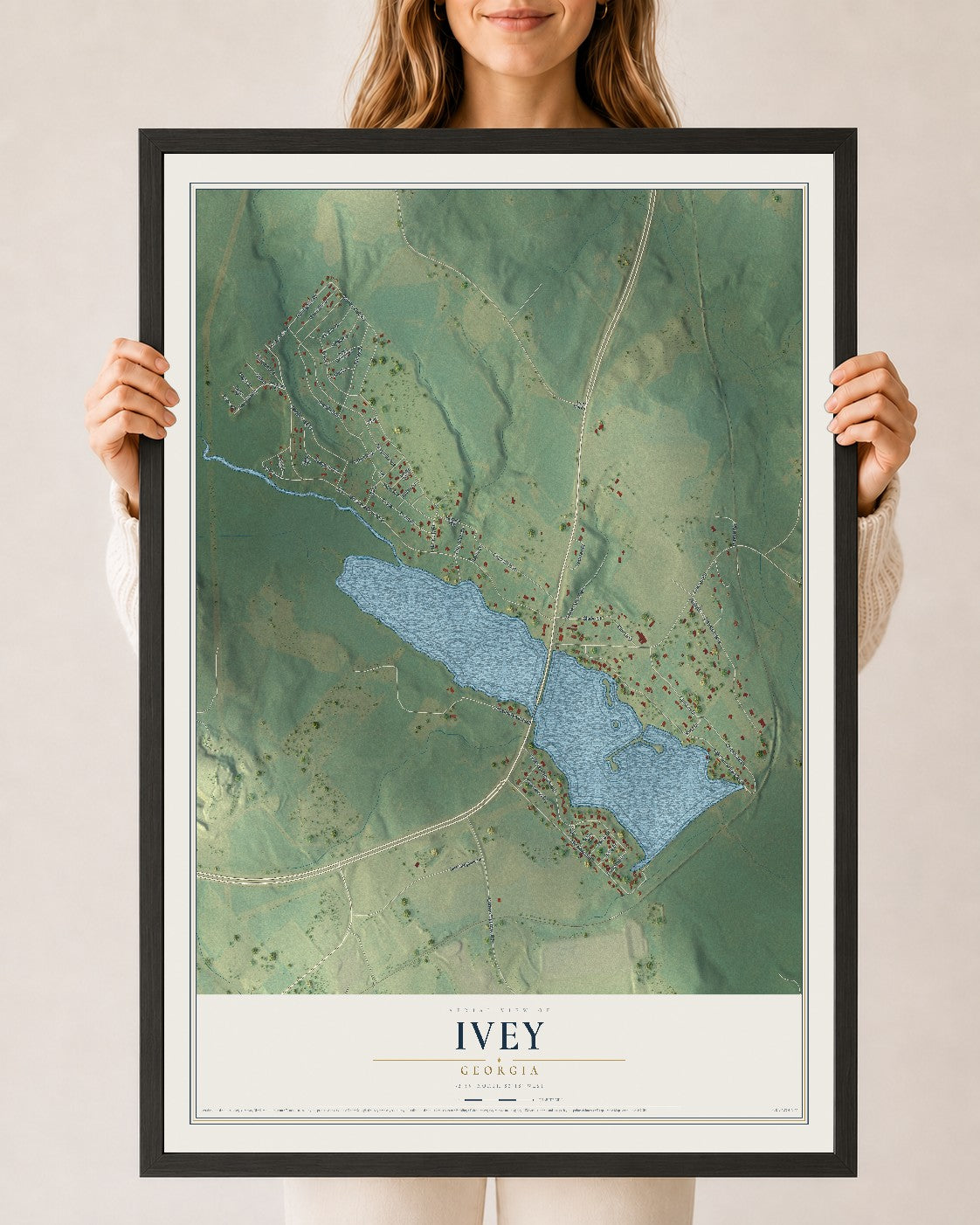 Ivey, Georgia map print, 24" x 36" W/ Black Ayous Wood Frame mockup