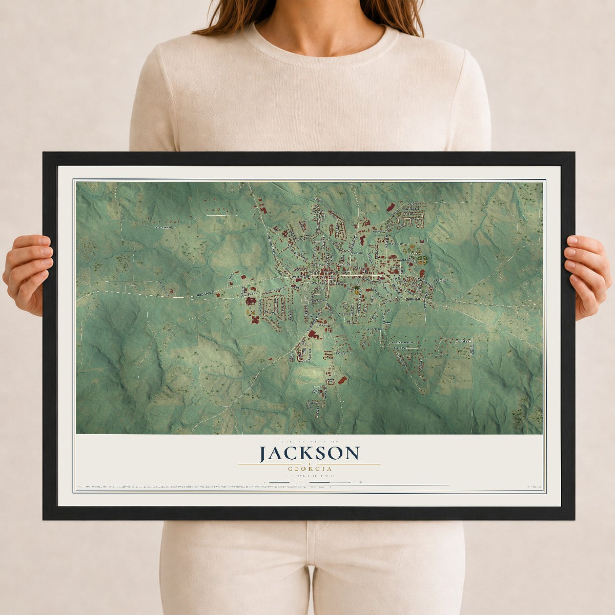 Jackson, Georgia map print, 12" x 18" W/ Black Ayous Wood Frame mockup