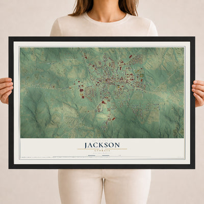 Jackson, Georgia map print, 18" x 24" W/ Black Ayous Wood Frame mockup