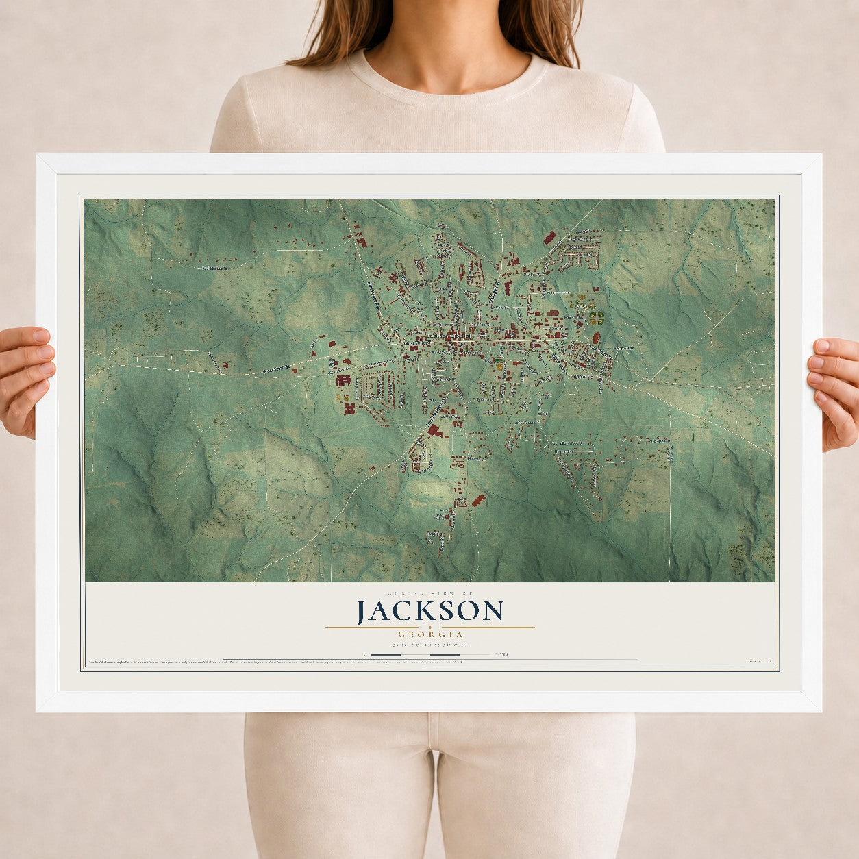 Jackson, Georgia map print, 18" x 24" W/ White Ayous Wood Frame mockup