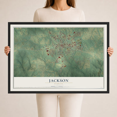 Jackson, Georgia map print, 24" x 36" W/ Black Ayous Wood Frame mockup