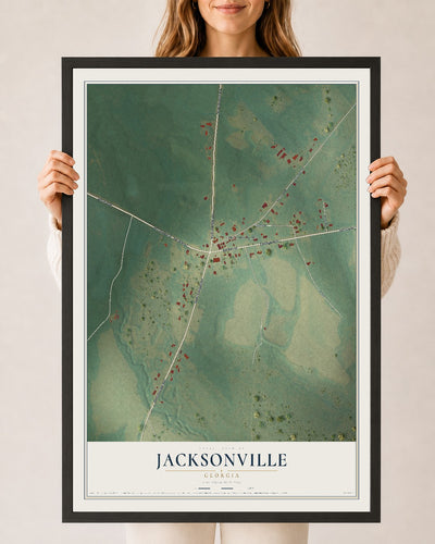 Jacksonville, Georgia map print, 24" x 36" W/ Black Ayous Wood Frame mockup