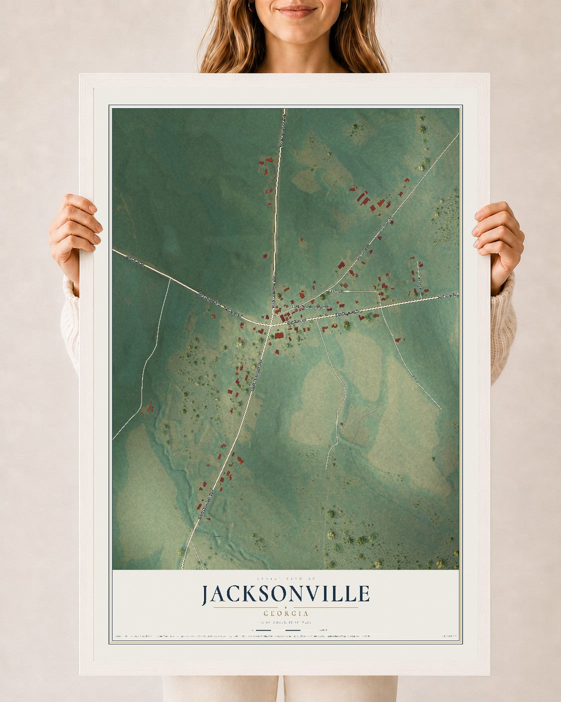 Jacksonville, Georgia map print, 24" x 36" W/ White Ayous Wood Frame mockup