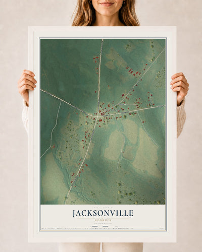 Jacksonville, Georgia map print, 24" x 36" W/ White Ayous Wood Frame mockup
