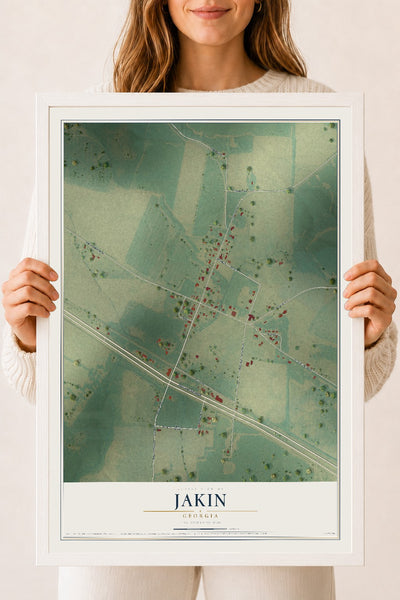 Jakin, Georgia map print, 18" x 24" W/ White Ayous Wood Frame mockup