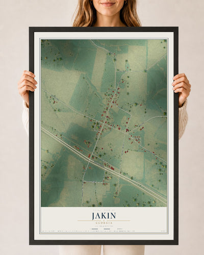 Jakin, Georgia map print, 24" x 36" W/ Black Ayous Wood Frame mockup