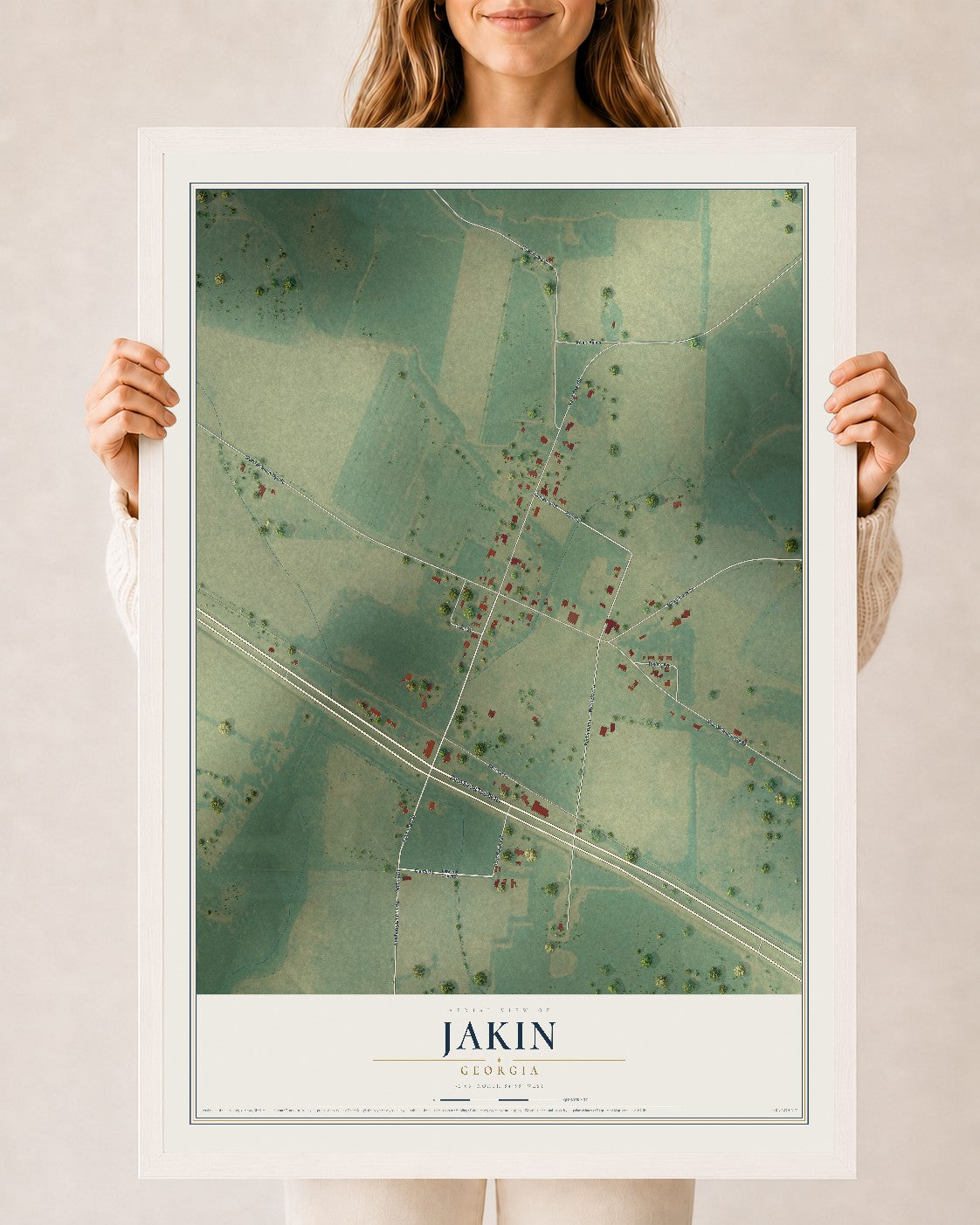 Jakin, Georgia map print, 24" x 36" W/ White Ayous Wood Frame mockup