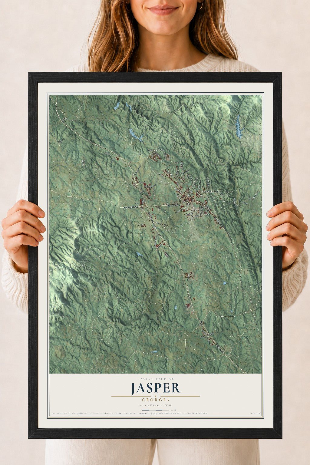 Jasper, Georgia map print, 18" x 24" W/ Black Ayous Wood Frame mockup