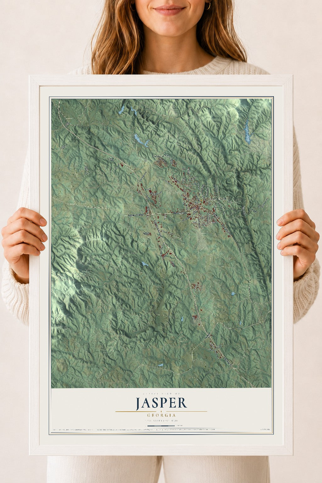 Jasper, Georgia map print, 18" x 24" W/ White Ayous Wood Frame mockup